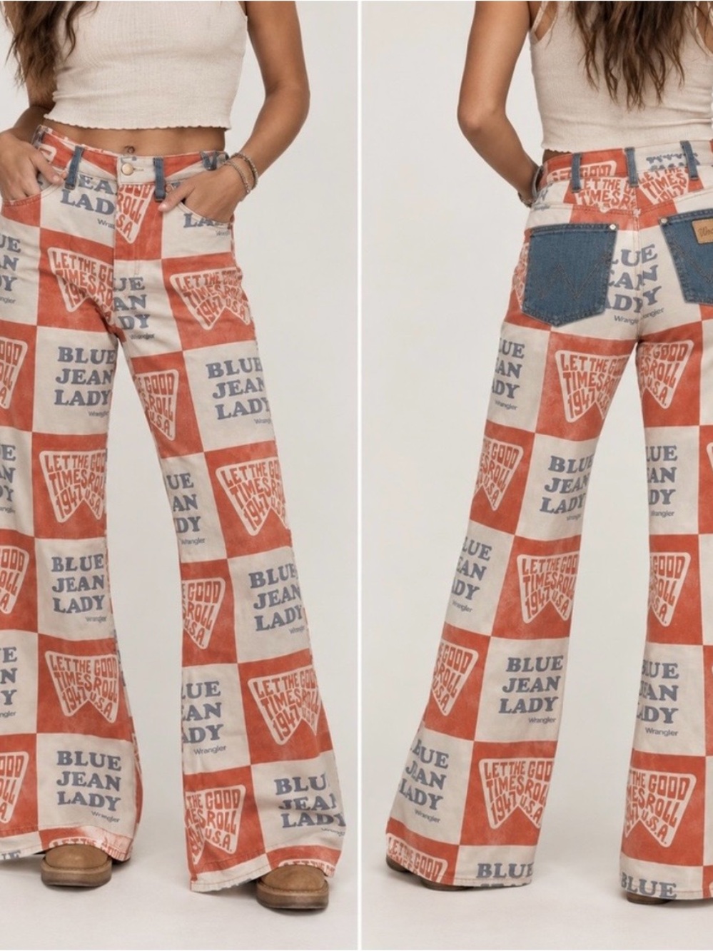 Wrangler Red & Cream Checkerboard 'Blue Jean Lady' Wide-Leg Jeans